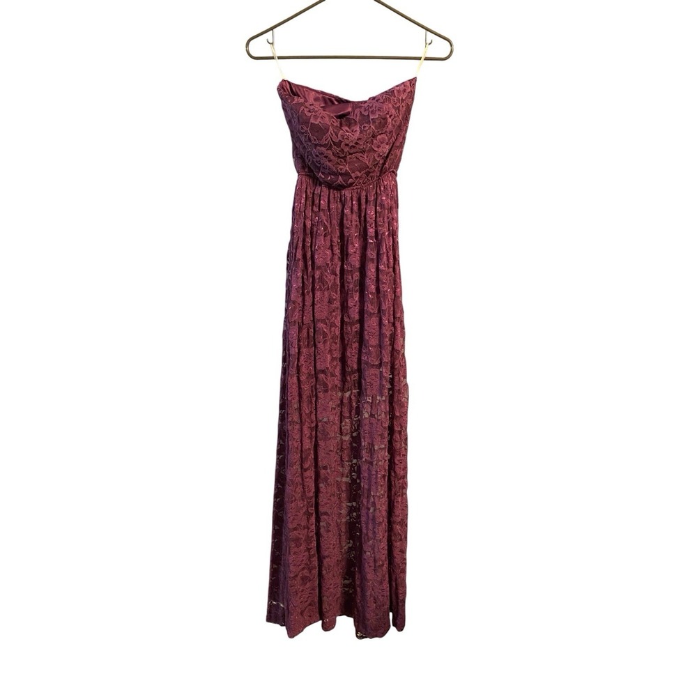 Lovely Day Purple Lace Maxi Dress Small Strapless Open Back Bow Sweetheart Plum